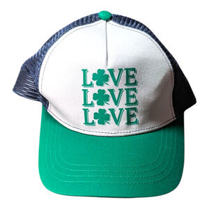 Love  Love  Love Shamrock Hat -Adjustable Back - Green and White and Blue
